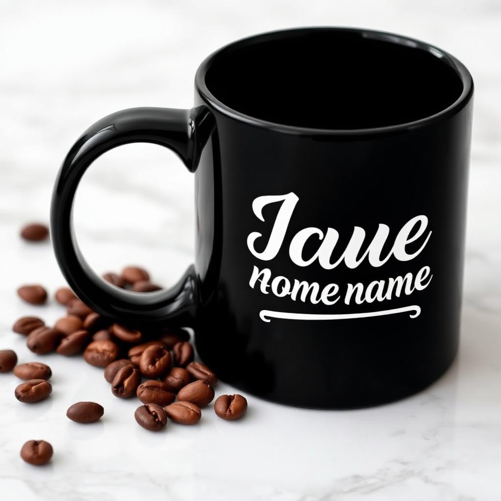 Black custom name mug with coffee beans
